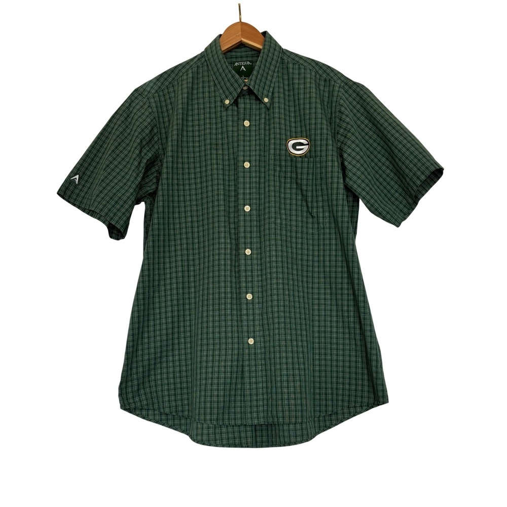 Antigua Green Bay Packers Mens Large Green Plaid Short Sleeve Button Down Shirt